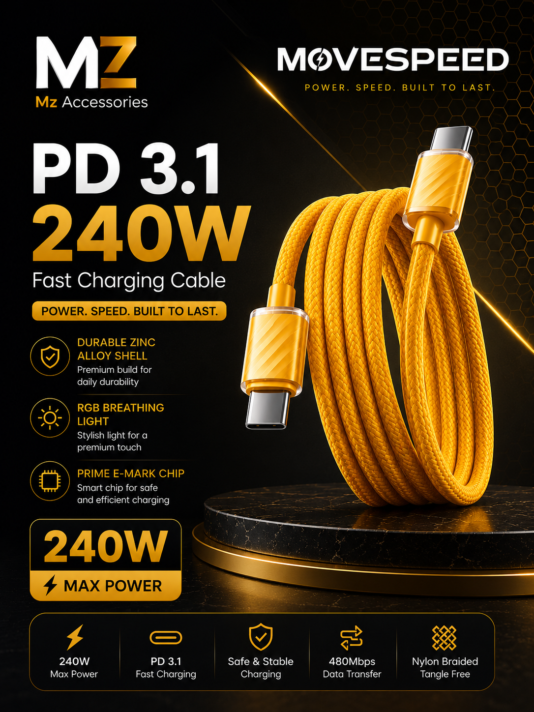 MOVESPEED T07 Type C 240W Fast Charging Cable 1m USB-C for iPhone 17 MacBook Pro Galaxy S26 Series