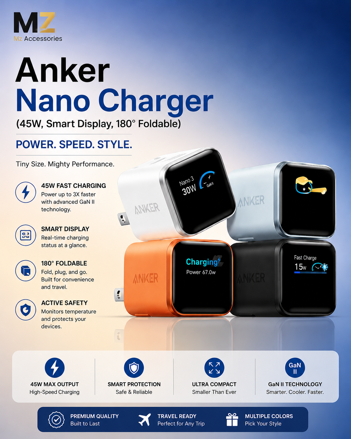 Anker Nano Charger (45W, Smart Display, 180° Foldable) – A121D